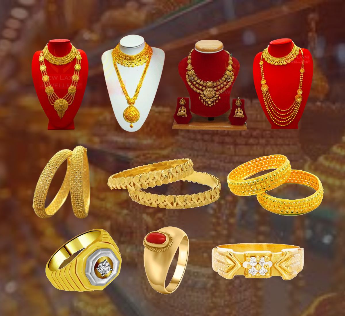 Comprehensive 24 carat gold jewelry collection featuring traditional necklaces displayed on elegant busts, intricate gold bangles, and luxury rings showcasing complete heritage craftsmanship